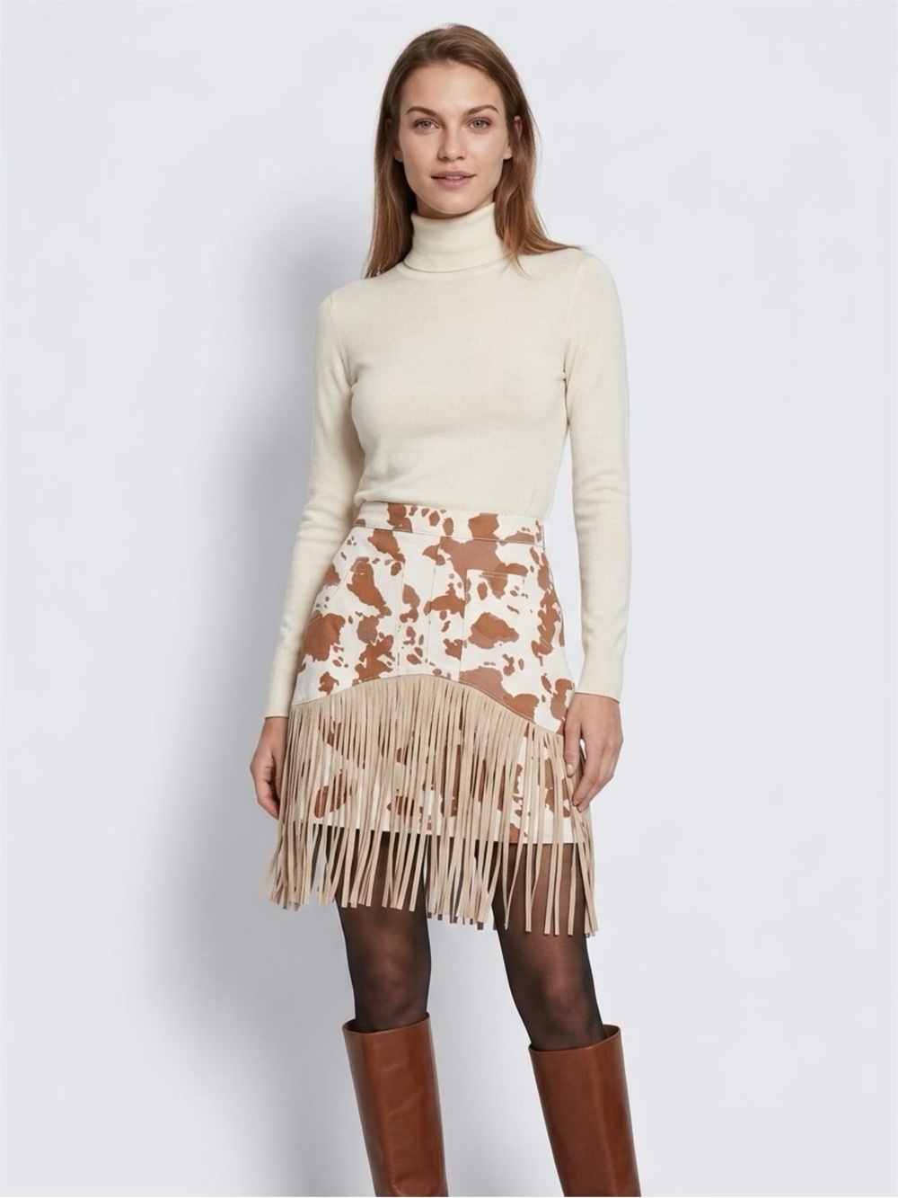 Peach Love California Tan and Cream Cowhide Fringe Mini Skirt